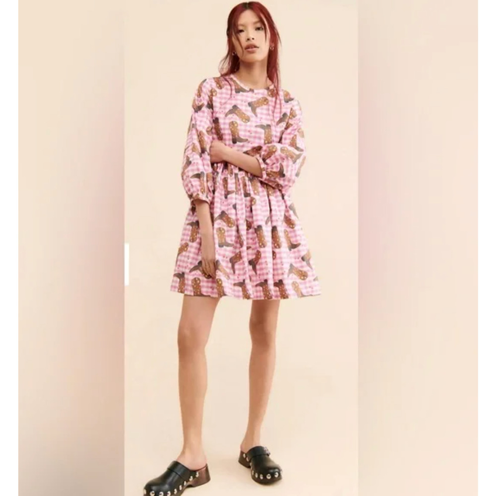 NWOT Megan Crosby Lila Cowboy Dress Pink Gingham Mini Puff-Sleeve Boot-Print - Picture 5 of 6